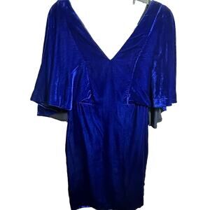 Badgley Mischka Flair Sleeve V-Neck Mini Velour Dress Women's 4 Electric Blue